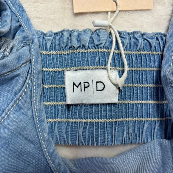 NWT‎ Minkpink Demin MPD Crop Top Flare Shoulders Denim Style Ruffle Light Blue S - Picture 5 of 9